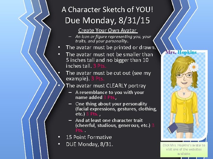 A Character Sketch of YOU! Due Monday, 8/31/15 Create Your Own Avatar – An