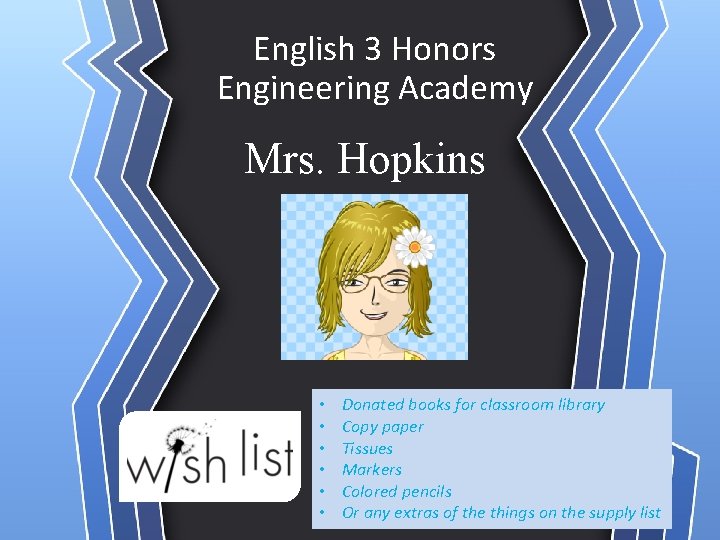 English 3 Honors Engineering Academy Mrs. Hopkins • • • Donated books for classroom