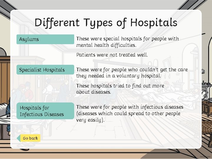 Different Types of Hospitals Asylums These were special hospitals for people with mental health