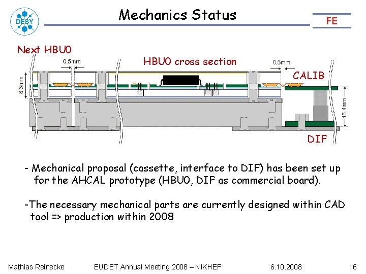 Mechanics Status Next HBU 0 cross section CALIB DIF - Mechanical proposal (cassette, interface