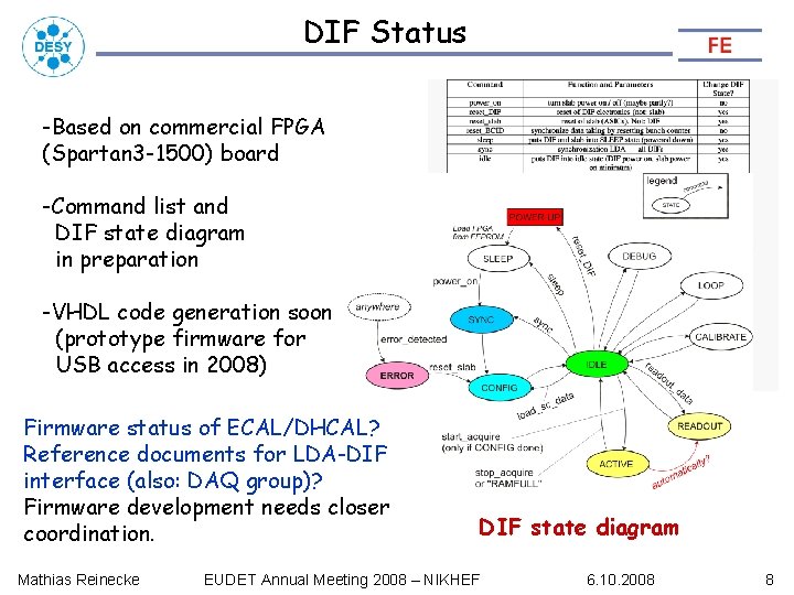 DIF Status -Based on commercial FPGA (Spartan 3 -1500) board -Command list and DIF