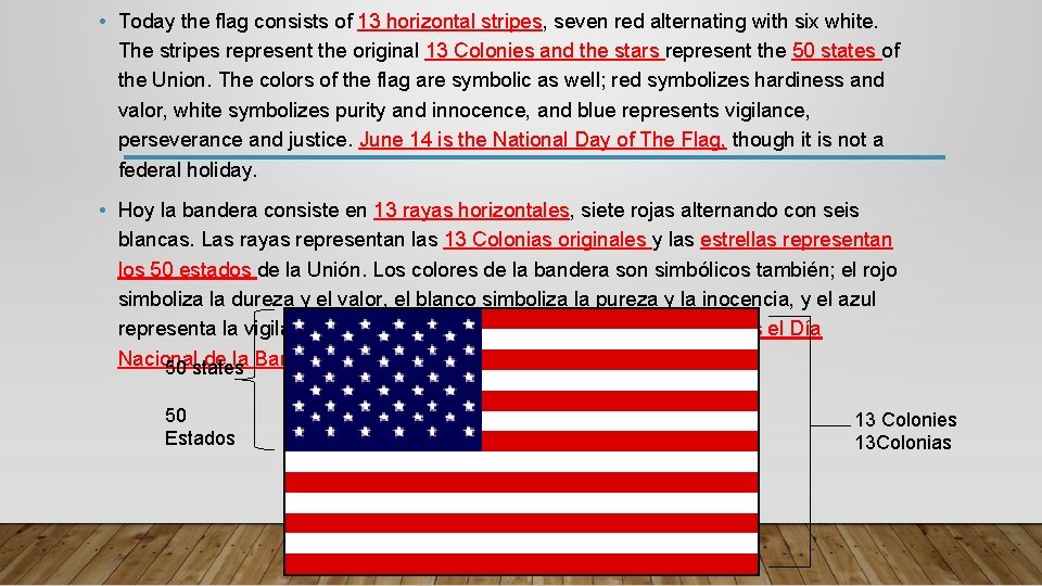  • Today the flag consists of 13 horizontal stripes, seven red alternating with