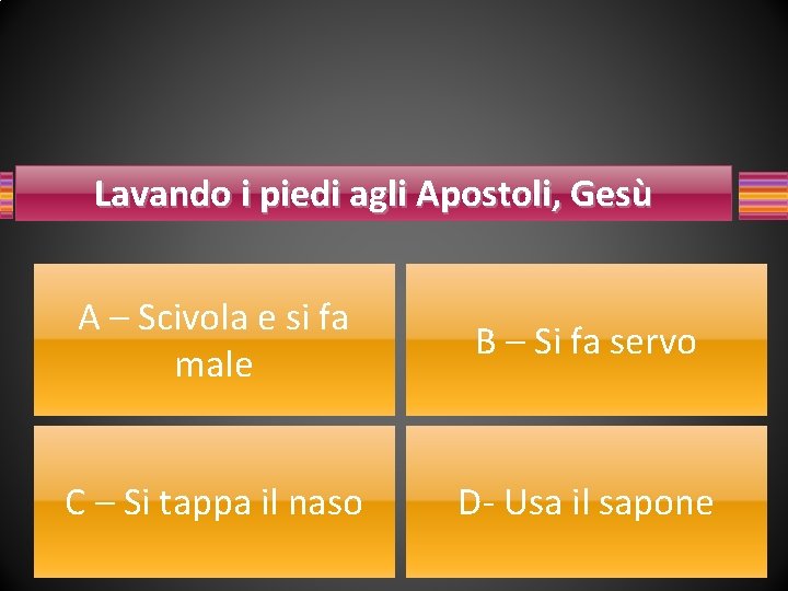 Lavando i piedi agli Apostoli, Gesù A – Scivola e si fa male B