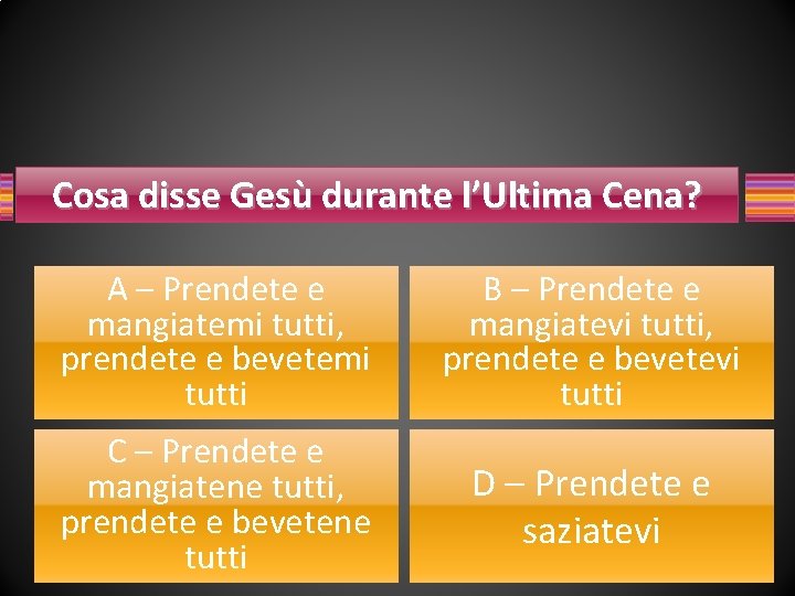 Cosa disse Gesù durante l’Ultima Cena? A – Prendete e mangiatemi tutti, prendete e