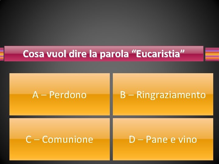 Cosa vuol dire la parola “Eucaristia” A – Perdono B – Ringraziamento C –