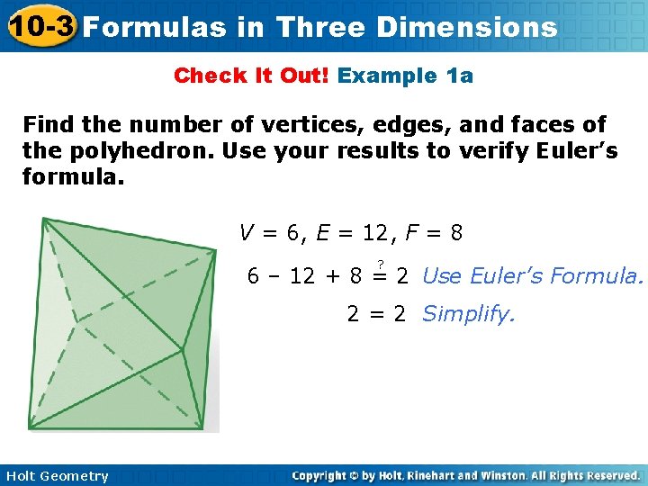 10 -3 Formulas in Three Dimensions Check It Out! Example 1 a Find the