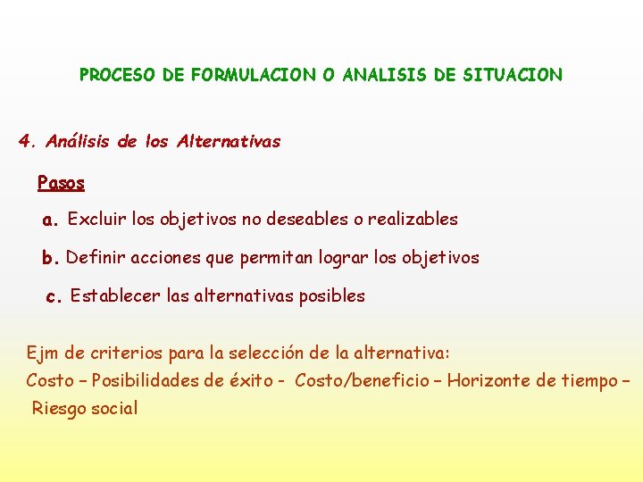 PROCESO DE FORMULACION O ANALISIS DE SITUACION 4. Análisis de los Alternativas Pasos a.