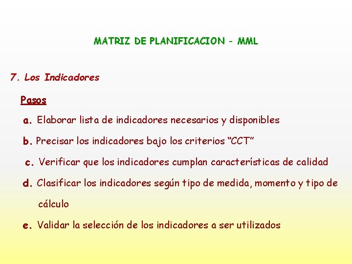 MATRIZ DE PLANIFICACION - MML 7. Los Indicadores Pasos a. Elaborar lista de indicadores