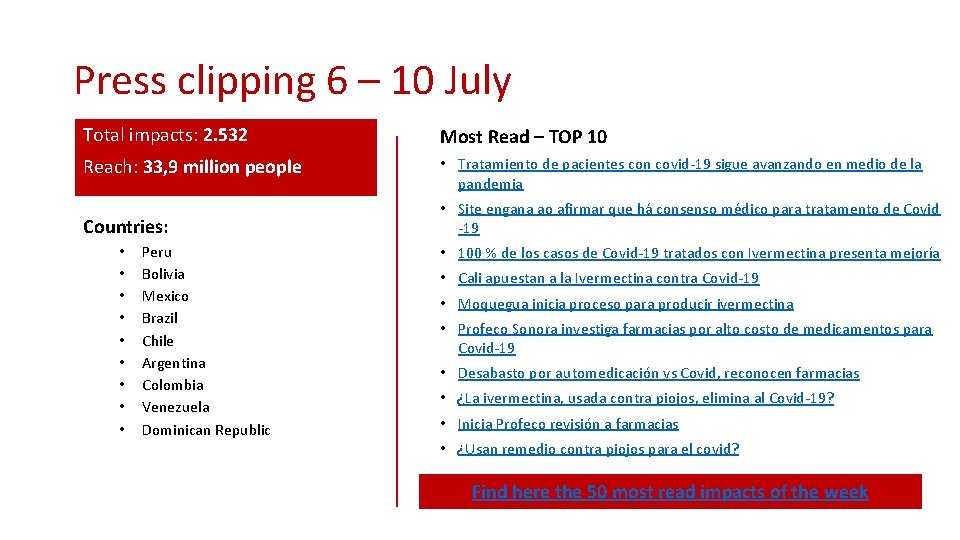 Press clipping 6 – 10 July Total impacts: 2. 532 Most Read – TOP