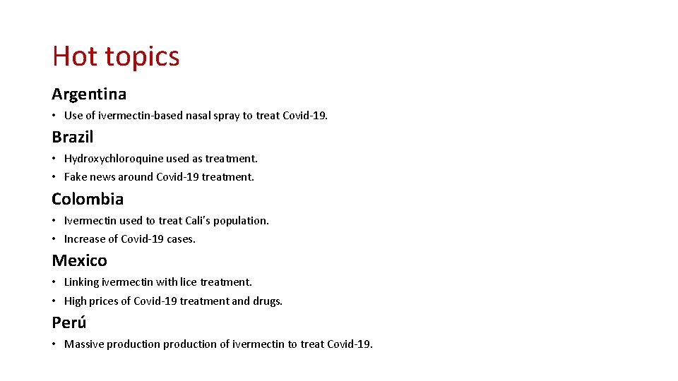 Hot topics Argentina • Use of ivermectin-based nasal spray to treat Covid-19. Brazil •