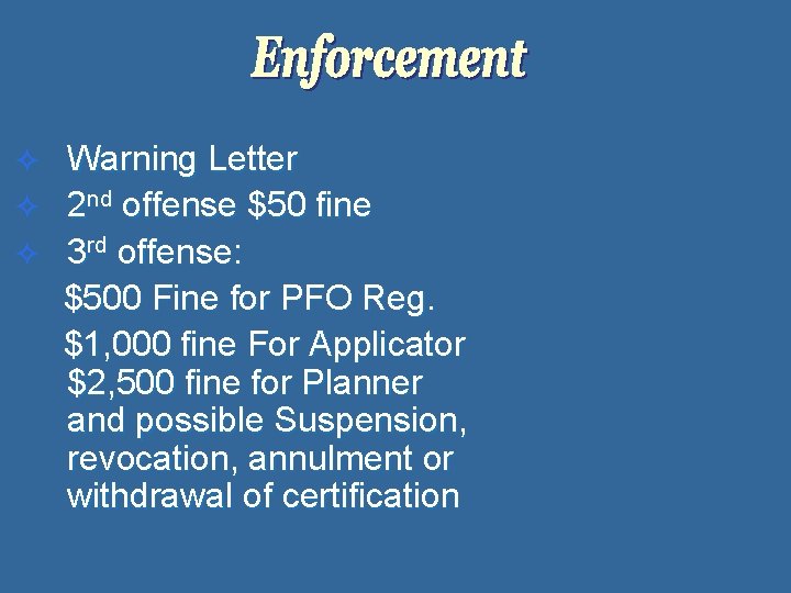 Warning Letter ² 2 nd offense $50 fine ² 3 rd offense: $500 Fine