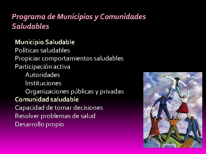 Programa de Municipios y Comunidades Saludables Municipio Saludable Políticas saludables Propiciar comportamientos saludables Participación