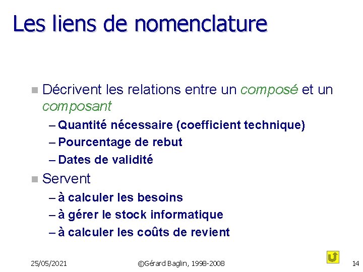 Les liens de nomenclature n Décrivent les relations entre un composé et un composant