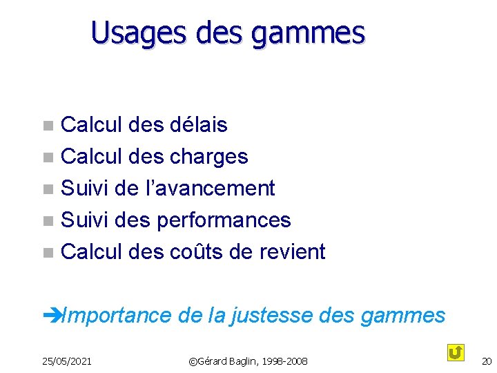 Usages des gammes Calcul des délais n Calcul des charges n Suivi de l’avancement