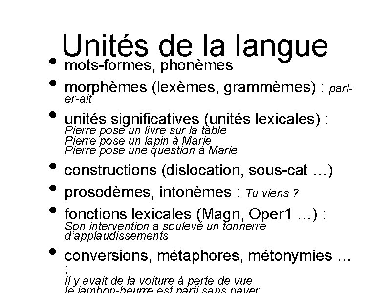 Unités de la langue • mots-formes, phonèmes • morphèmes (lexèmes, grammèmes) : parler-ait •