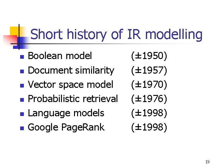 Short history of IR modelling n n n Boolean model Document similarity Vector space