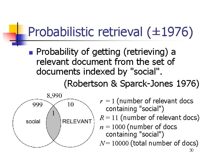 Probabilistic retrieval (± 1976) n Probability of getting (retrieving) a relevant document from the