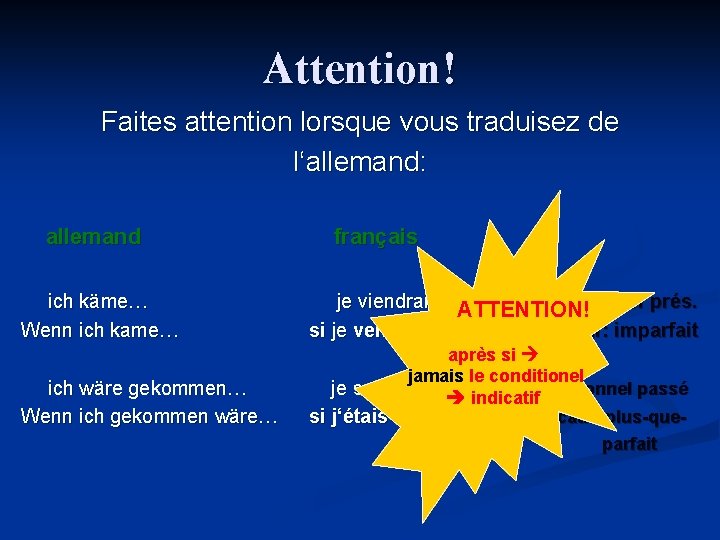 Attention! Faites attention lorsque vous traduisez de l‘allemand: allemand français ich käme… Wenn ich Attention! Faites attention lorsque vous traduisez de l‘allemand: allemand français ich käme… Wenn ich