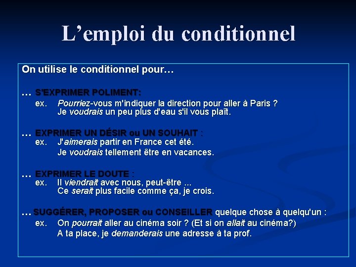 L’emploi du conditionnel On utilise le conditionnel pour… … S'EXPRIMER POLIMENT: ex. Pourriez-vous m'indiquer L’emploi du conditionnel On utilise le conditionnel pour… … S'EXPRIMER POLIMENT: ex. Pourriez-vous m'indiquer