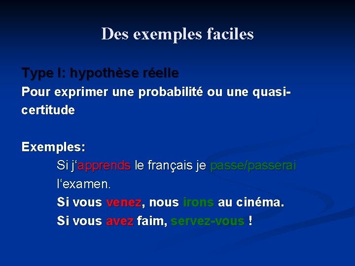 Des exemples faciles Type I: hypothèse réelle Pour exprimer une probabilité ou une quasicertitude Des exemples faciles Type I: hypothèse réelle Pour exprimer une probabilité ou une quasicertitude