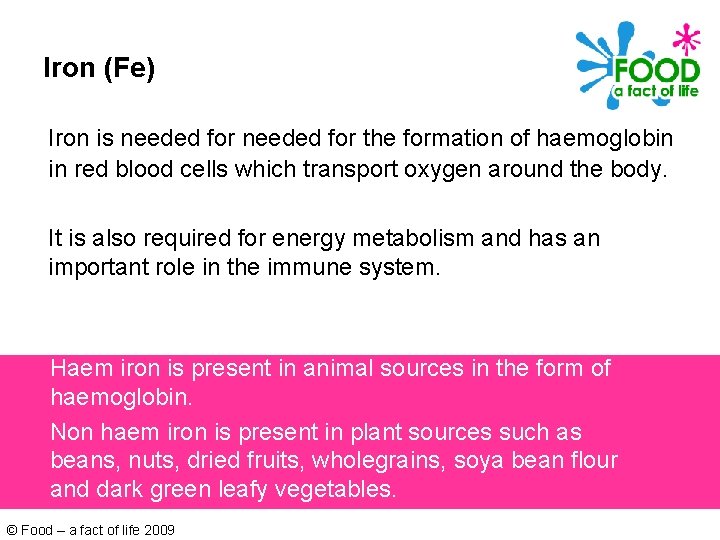 Iron (Fe) Iron is needed for the formation of haemoglobin in red blood cells