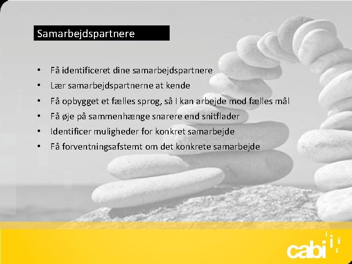 Samarbejdspartnere • Få identificeret dine samarbejdspartnere • Lær samarbejdspartnerne at kende • Få opbygget