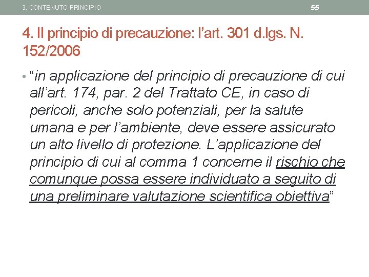 3. CONTENUTO PRINCIPIO 55 4. Il principio di precauzione: l’art. 301 d. lgs. N.