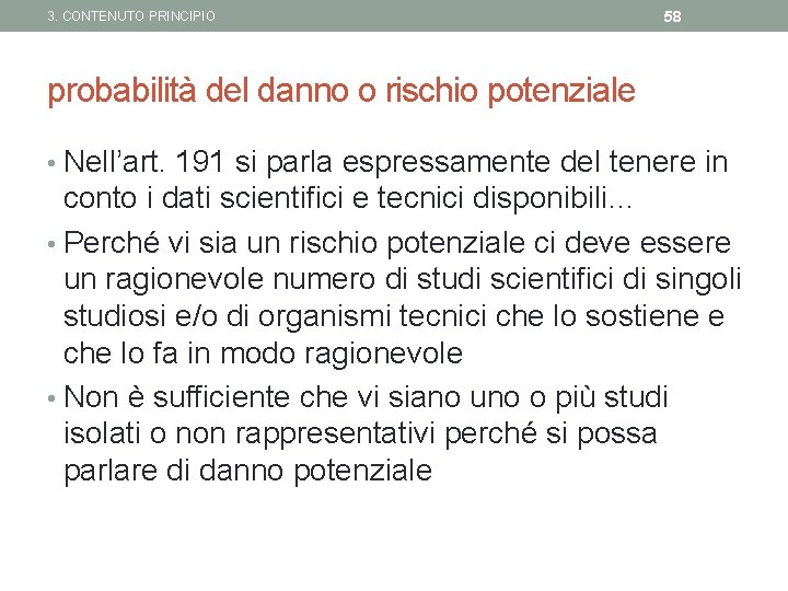 3. CONTENUTO PRINCIPIO 58 probabilità del danno o rischio potenziale • Nell’art. 191 si