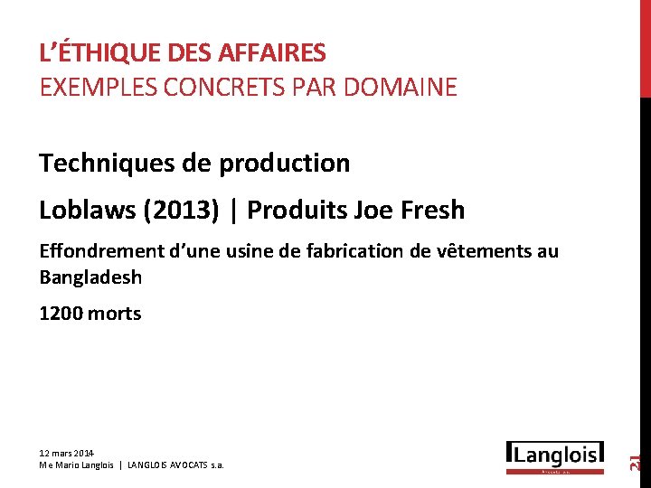 L’ÉTHIQUE DES AFFAIRES EXEMPLES CONCRETS PAR DOMAINE Techniques de production Loblaws (2013) | Produits