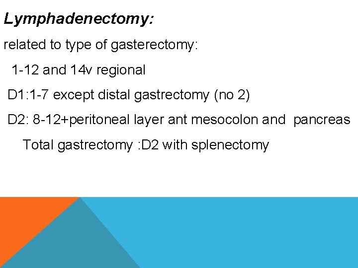 Lymphadenectomy: related to type of gasterectomy: 1 -12 and 14 v regional D 1: