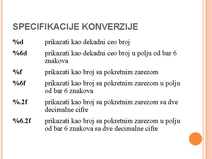 SPECIFIKACIJE KONVERZIJE %d prikazati kao dekadni ceo broj %6 d prikazati kao dekadni ceo