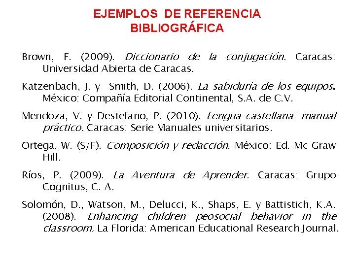 EJEMPLOS DE REFERENCIA BIBLIOGRÁFICA Brown, F. (2009). Diccionario de la conjugación. Caracas: Universidad Abierta