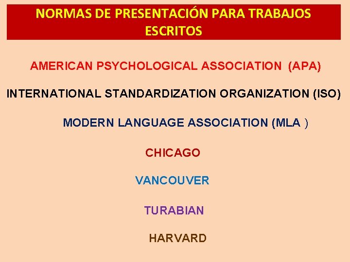 NORMAS DE PRESENTACIÓN PARA TRABAJOS ESCRITOS AMERICAN PSYCHOLOGICAL ASSOCIATION (APA) INTERNATIONAL STANDARDIZATION ORGANIZATION (ISO)