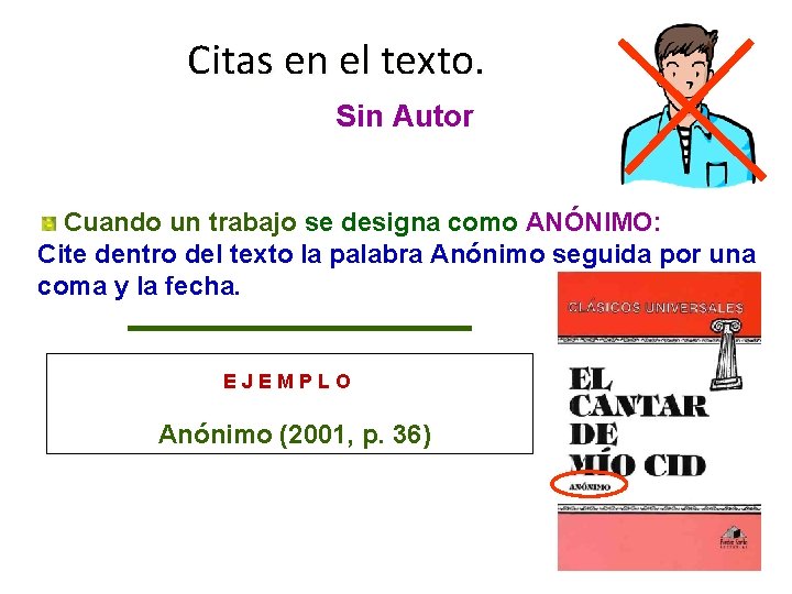 Citas en el texto. Sin Autor Cuando un trabajo se designa como ANÓNIMO: Cite