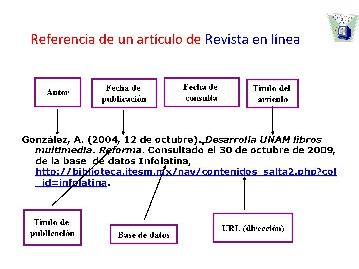 Referencia de un artículo de Revista en línea Autor Fecha de publicación Fecha de