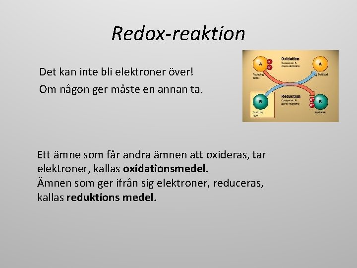 Redox-reaktion Det kan inte bli elektroner över! Om någon ger måste en annan ta.