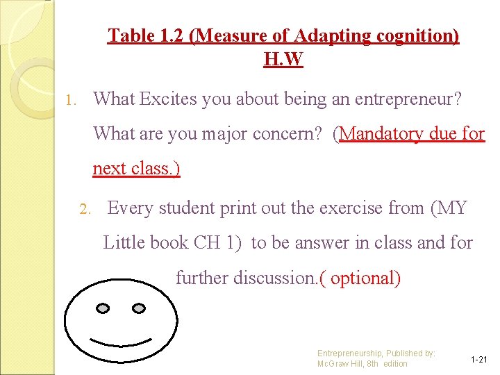 Table 1. 2 (Measure of Adapting cognition) H. W What Excites you about being