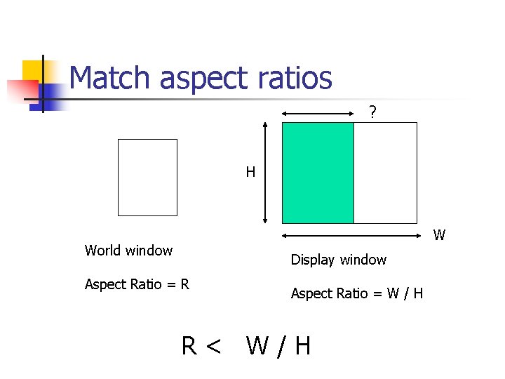 Match aspect ratios ? H W World window Display window Aspect Ratio = R