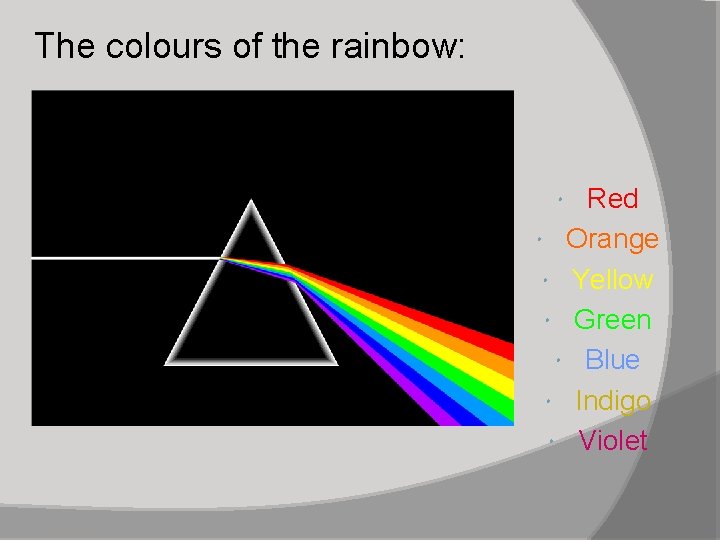 The colours of the rainbow: Red Orange Yellow Green Blue Indigo Violet 03/01/2022 