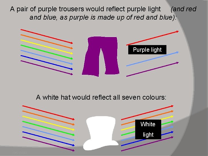 A pair of purple trousers would reflect purple light (and red and blue, as