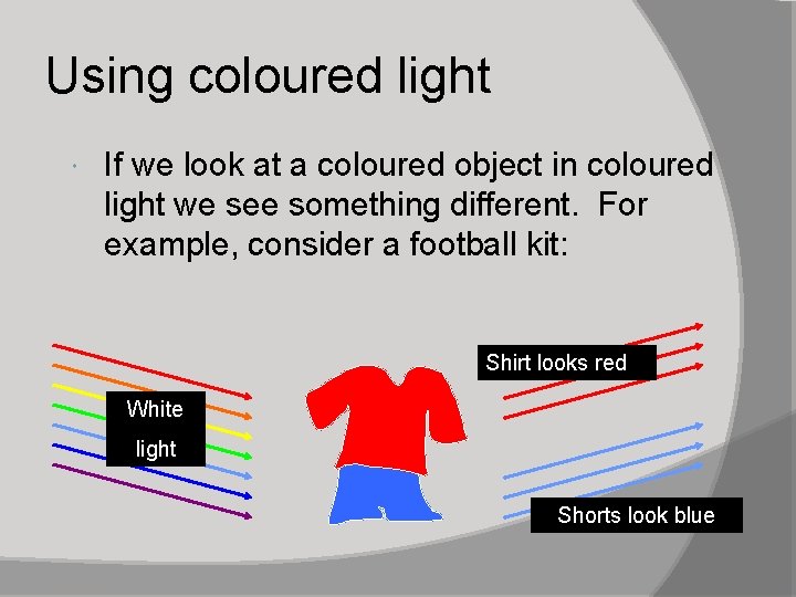 Using coloured light If we look at a coloured object in coloured light we