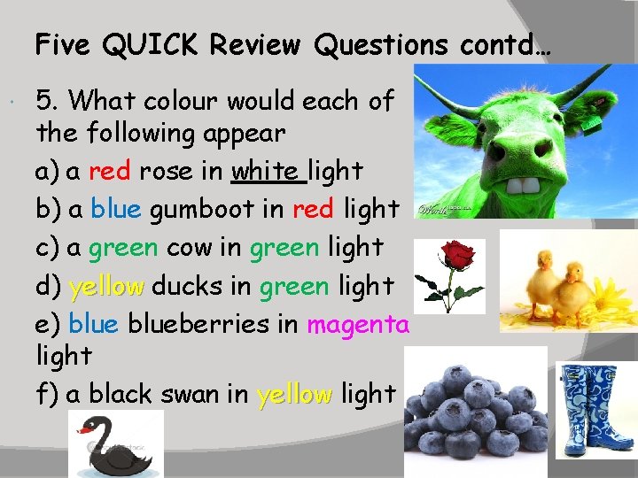 Five QUICK Review Questions contd… 5. What colour would each of the following appear