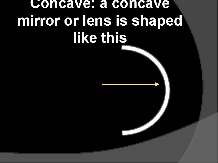 Concave: a concave mirror or lens is shaped like this 
