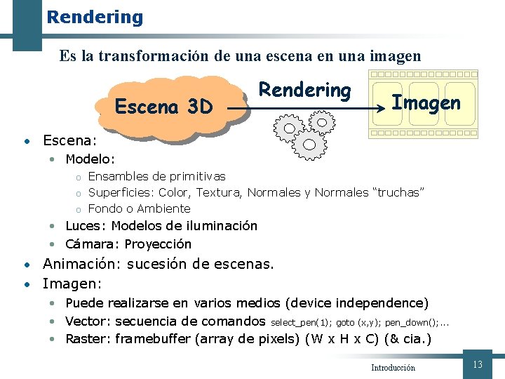 Rendering Es la transformación de una escena en una imagen Escena 3 D Rendering
