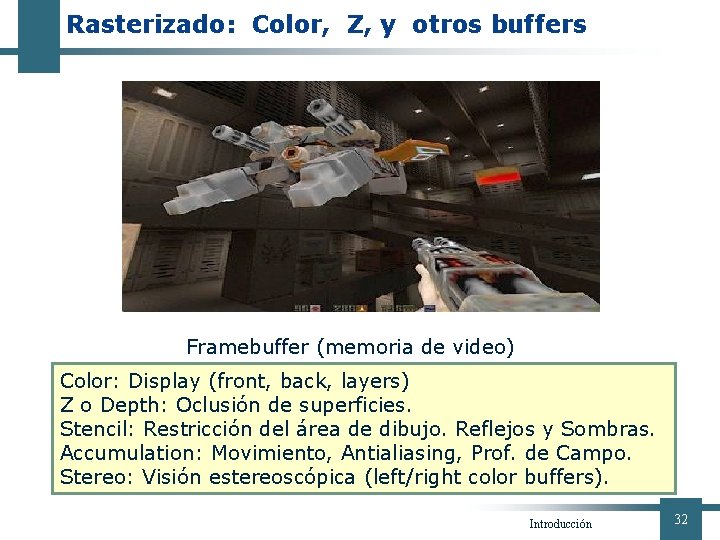 Rasterizado: Color, Z, y otros buffers Framebuffer (memoria de video) Color: Display (front, back,