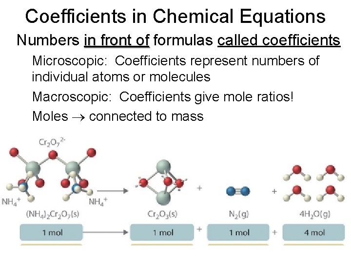 Coefficients in Chemical Equations • Numbers in front of formulas called coefficients – Microscopic: