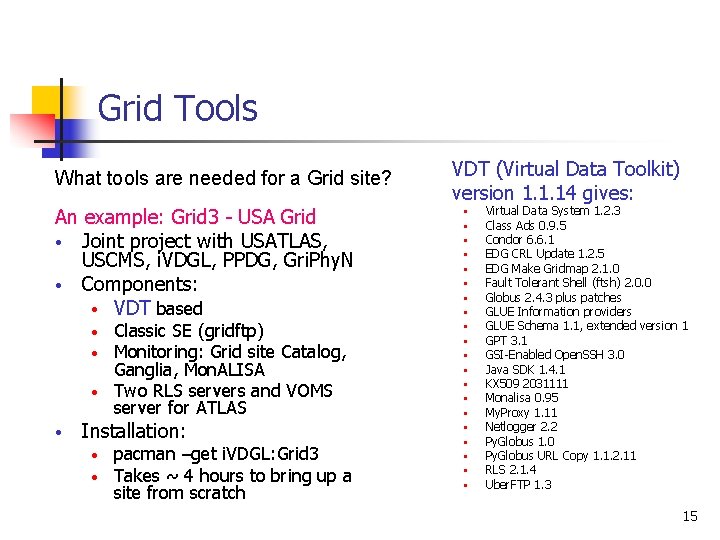 Grid Tools What tools are needed for a Grid site? An example: Grid 3