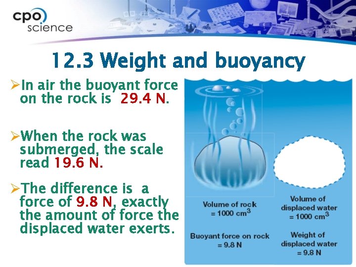 12. 3 Weight and buoyancy ØIn air the buoyant force on the rock is