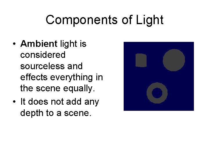 Components of Light • Ambient light is considered sourceless and effects everything in the