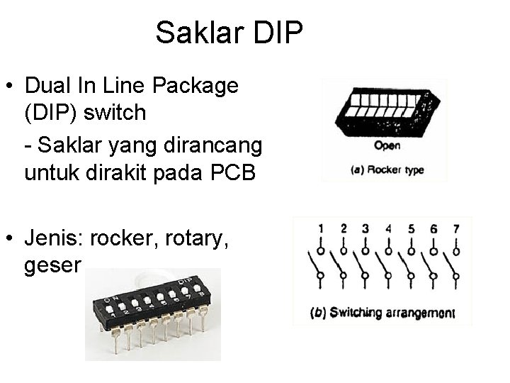 Saklar DIP • Dual In Line Package (DIP) switch - Saklar yang dirancang untuk